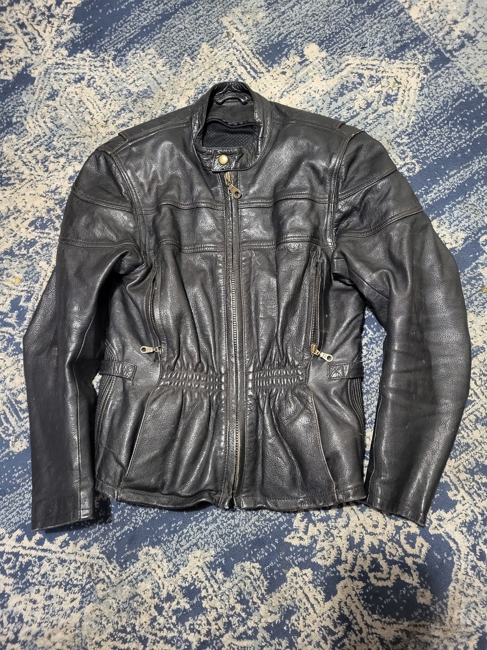 Men's Black Leather Bomber Jacket with Elastic Waist